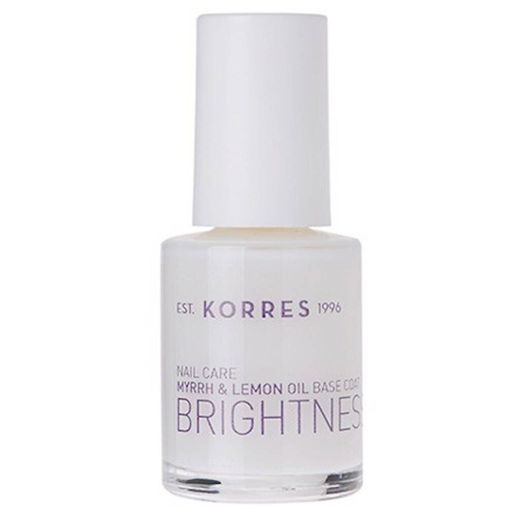 Flacon de vernis à ongles avec bouchon blanc. Inscription : Korres, Nail Care, Myrrhe & Lemon Oil Base Coat, Brightness.