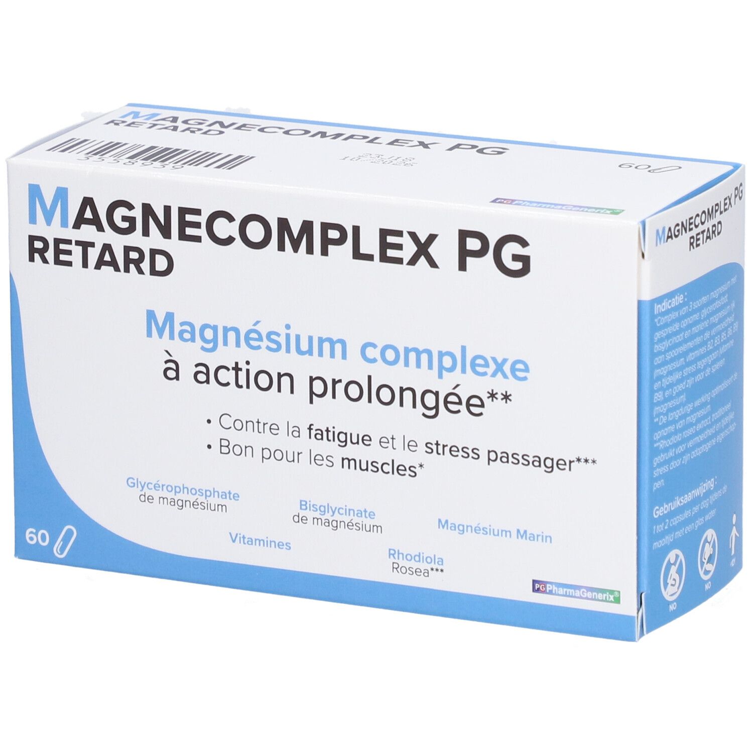 Doos 'Magnecomplex Retard PG'. Tekst: 'Magnésium complexe à action prolongée'. Bevat 60 capsules.