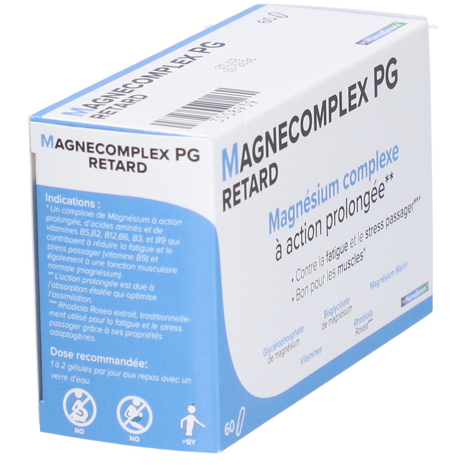 Doos 'Magnecomplex Retard PG' met tekst: 'Magnésium complexe à action prolongée'. Bevat 60 capsules. Blauw en witte verpakking.