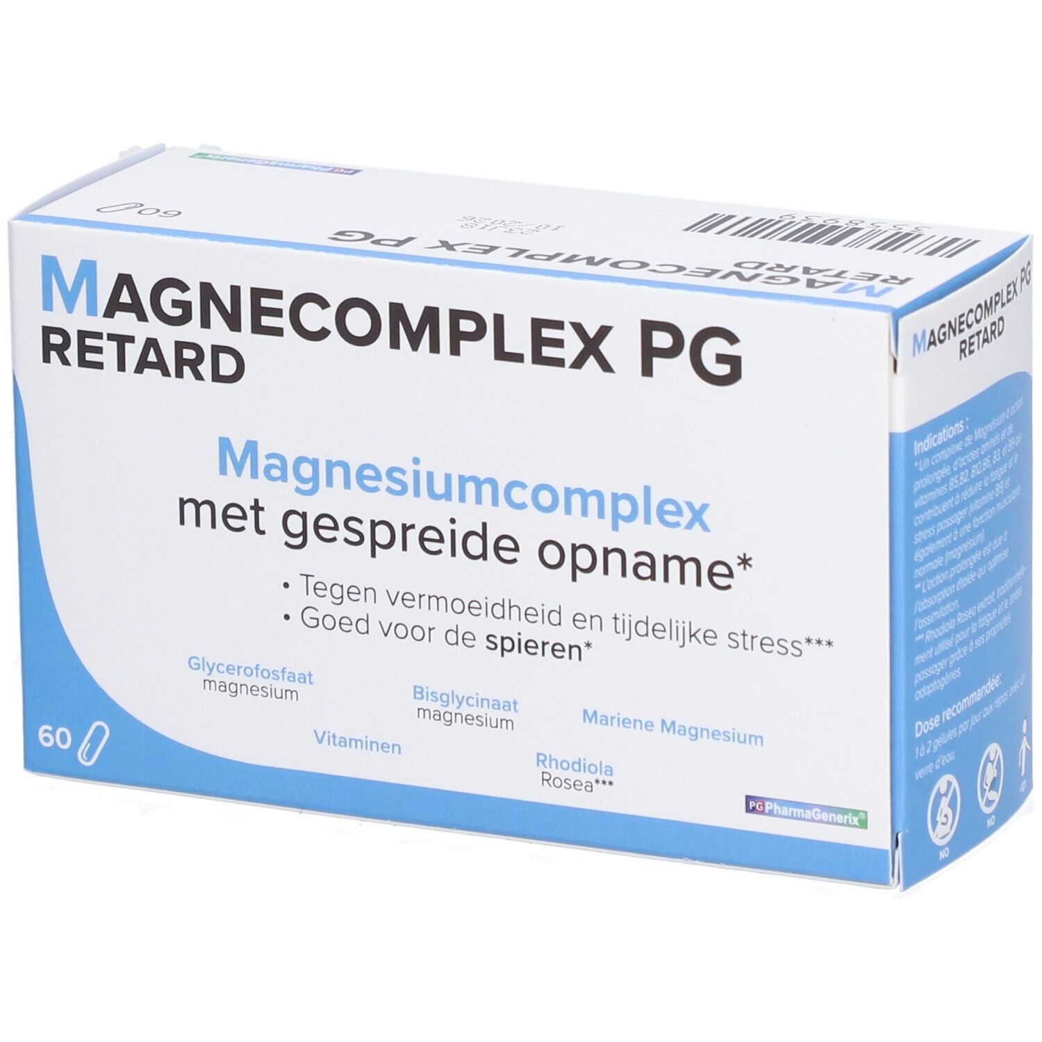 Doos 'Magnecomplex Retard PG'. Tekst: 'Magnesiumcomplex met gespreide opname'. 60 capsules. Blauw en witte verpakking.