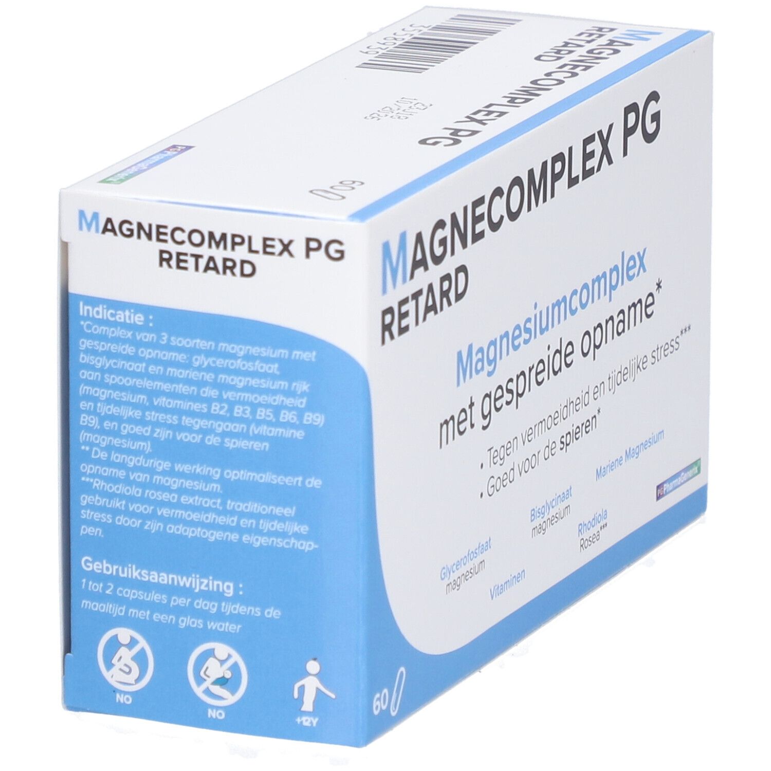Doos 'Magnecomplex Retard PG' met tekst: 'Magnesiumcomplex met gespreide opname'. Bevat 60 capsules. Blauw en witte verpakking.