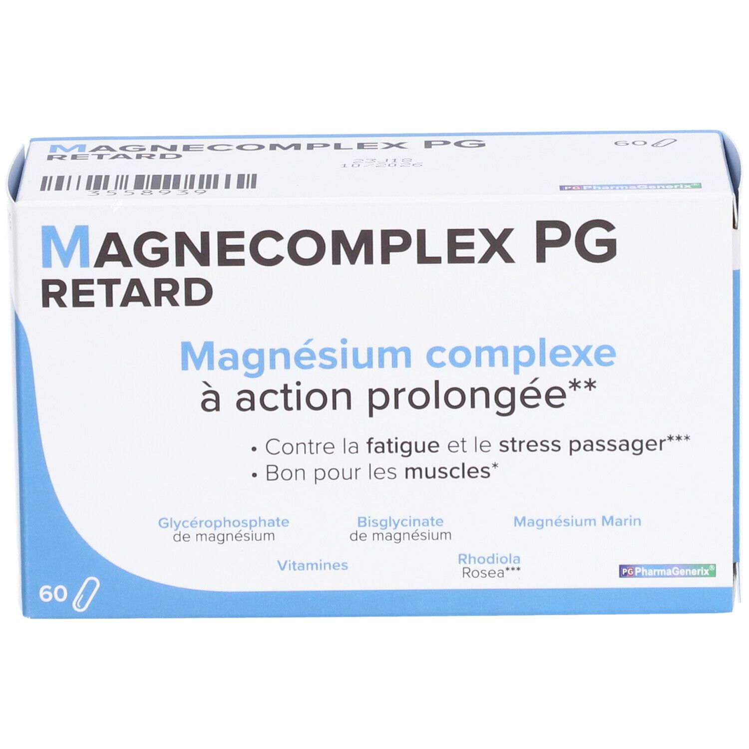 Doos 'Magnecomplex Retard PG'. Tekst: 'Magnésium complexe à action prolongée'. 60 capsules. Blauw en witte verpakking.