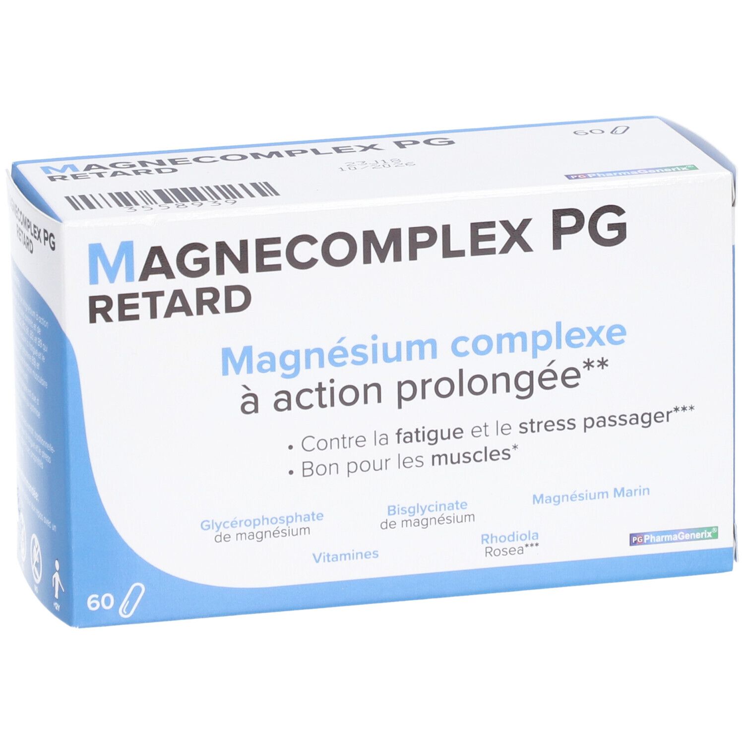 Doos 'Magnecomplex Retard PG'. Tekst: 'Magnésium complexe à action prolongée'. 60 capsules. Blauw en witte verpakking.