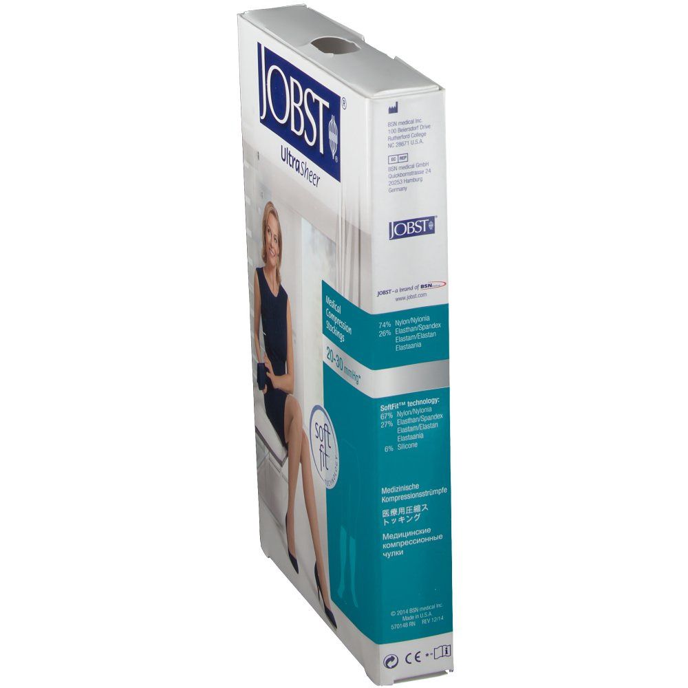 Verpackung von JOBST UltraSheer SoftFit CI 2 Kniestrümpfen. Medizinische Kompressionsstrümpfe, 20-30 mmHg. Soft Fit Technologie. Inhaltsangaben.
