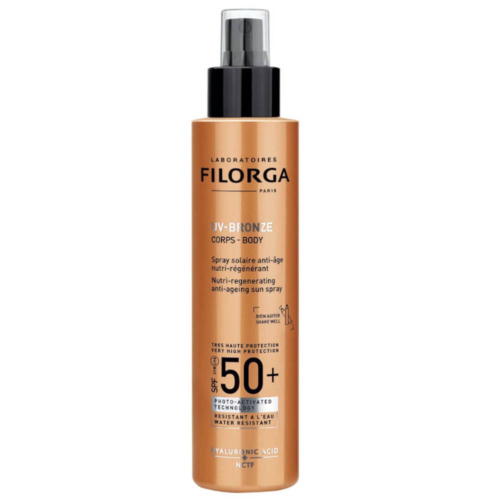 FILORGA UV-BRONZE CORPS SPF50+ zonnebrandspray. Bruine fles met zwarte sproeikop. Tekst: UV-BRONZE, SPF50+, anti-aging.