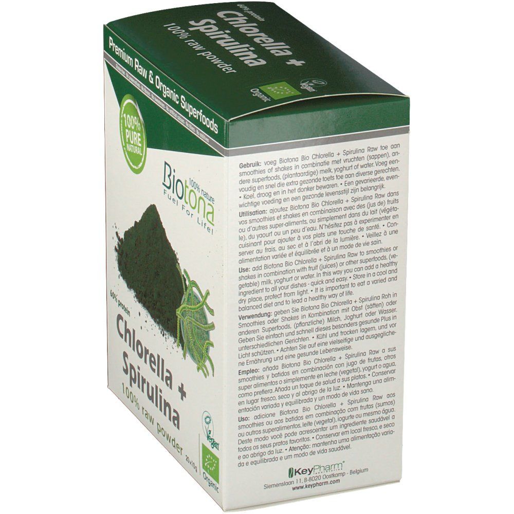 Doos Biotona Chlorella + Spirulina. Groen-witte verpakking met productafbeelding en tekst. Bio-keurmerk.