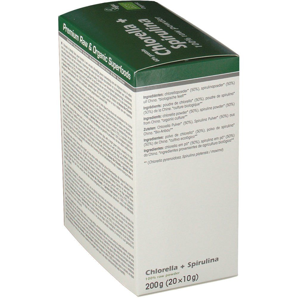 Doos Biotona Chlorella + Spirulina. Zijaanzicht met ingrediëntenlijst en tekst. Verpakking van 200g (20x10g).