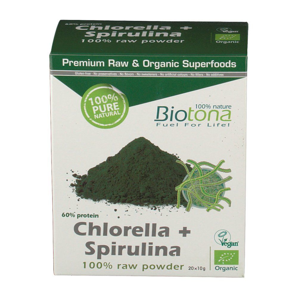 Doos Biotona Chlorella + Spirulina. Voorkant met productafbeelding en tekst. Bio-keurmerk.