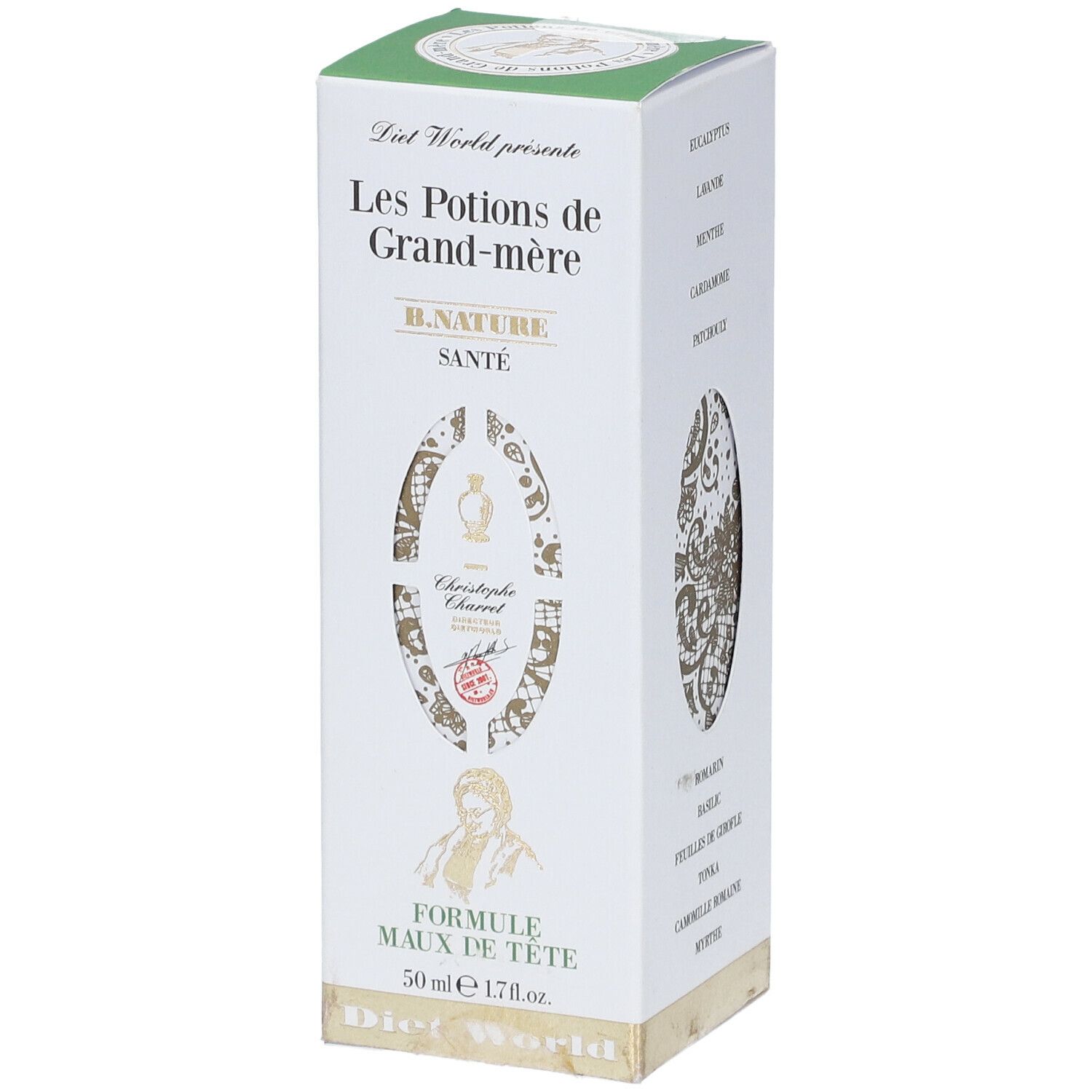 Boîte Les Potions de Grand-mère. Blanche, verte et dorée. Texte: "Formule Maux de Tête".