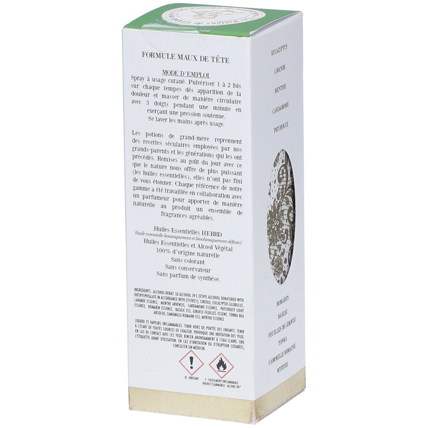 Dos de la boîte Les Potions de Grand-mère. Texte et ingrédients sur fond blanc.