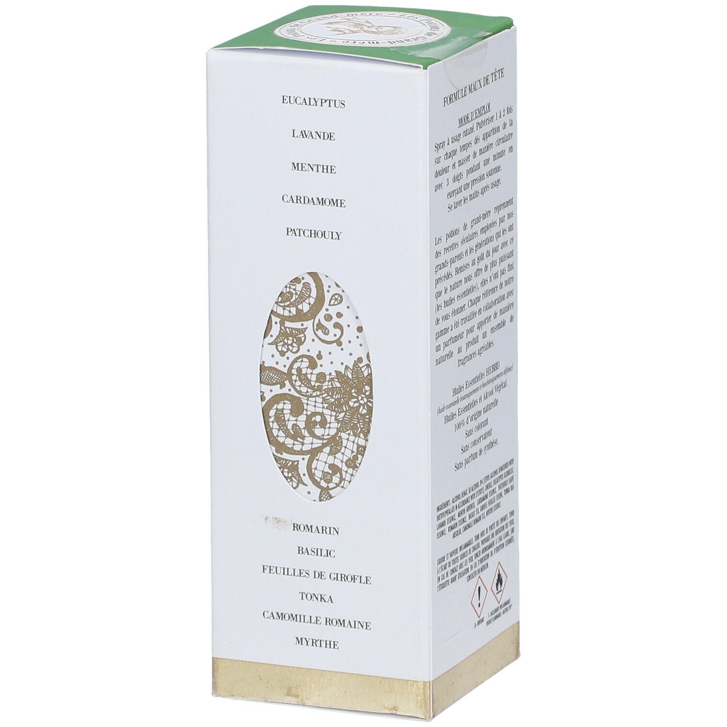 Côté de la boîte Les Potions de Grand-mère. Liste des ingrédients sur fond blanc.