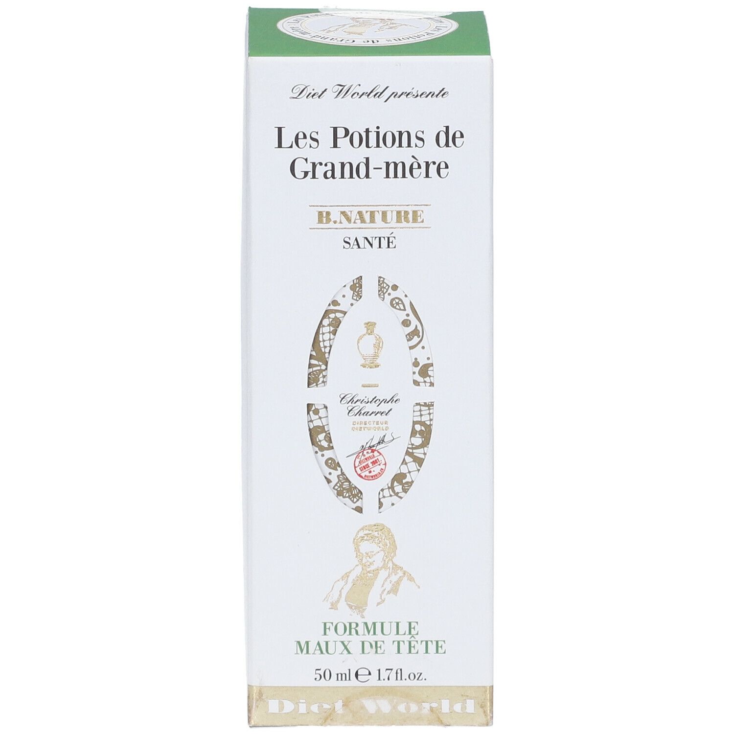 Face avant de la boîte Les Potions de Grand-mère. Blanche, verte et dorée. Texte: "Formule Maux de Tête".