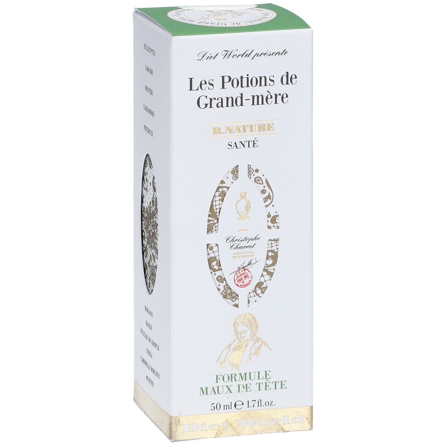 Face avant de la boîte Les Potions de Grand-mère. Blanche, verte et dorée. Texte: "Formule Maux de Tête".