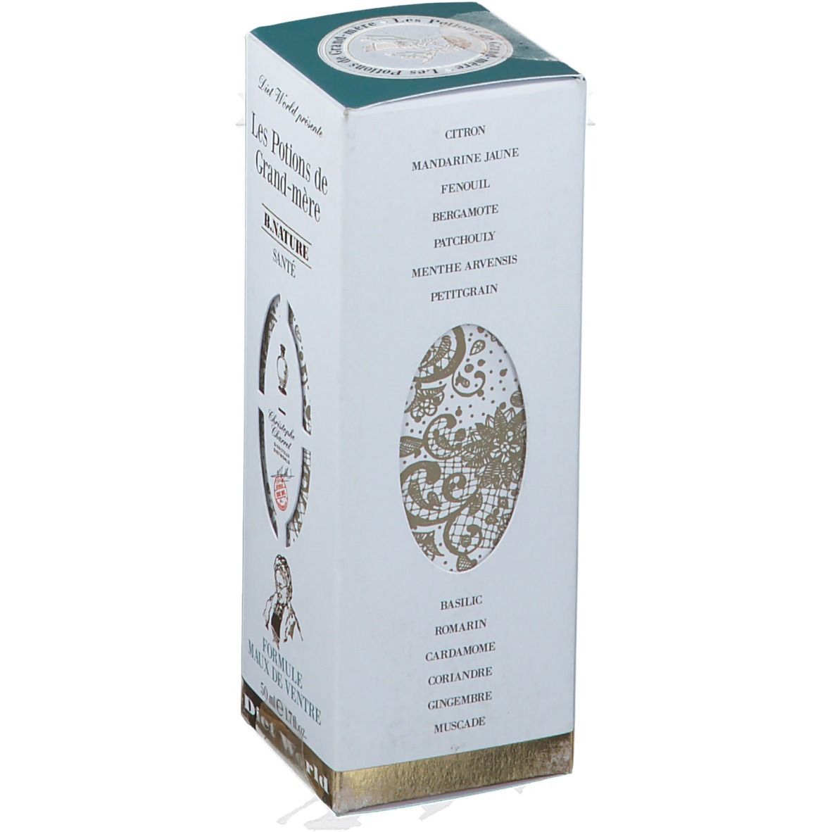 Karton mit Zutatenliste. Text: Zitrone, Mandarine, Fenchel, Bergamotte, Patchouli, Minze, Petitgrain, Basilikum, Rosmarin, Kardamom, Koriander, Ingwer, Muskat.