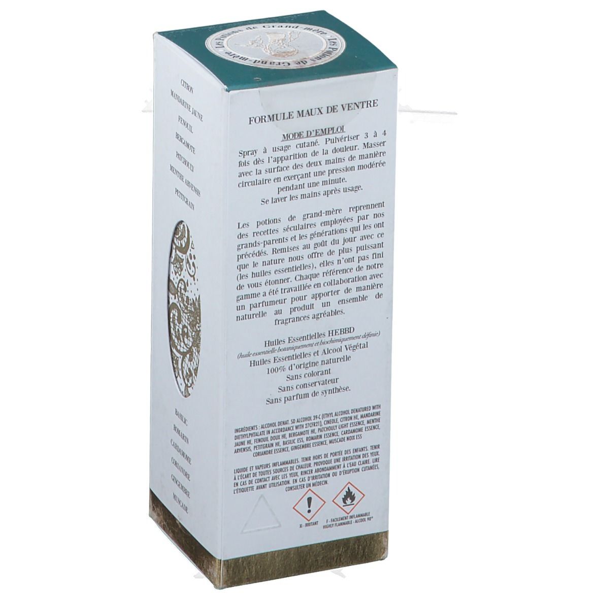 Karton mit Anwendungshinweisen. Text: Formule Maux de Ventre, Spray 3-4 mal täglich. Inhaltsstoffe: Huiles Essentielles, Alcool Végétal.