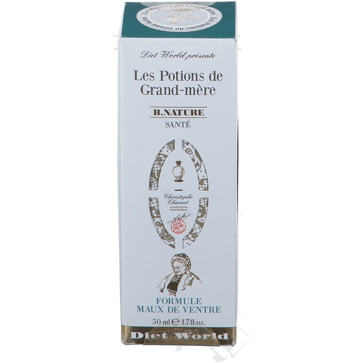 Produktverpackung. Text: Les Potions de Grand-mère, B. NATURE SANTÉ, Formule Maux de Ventre, 50 ml.