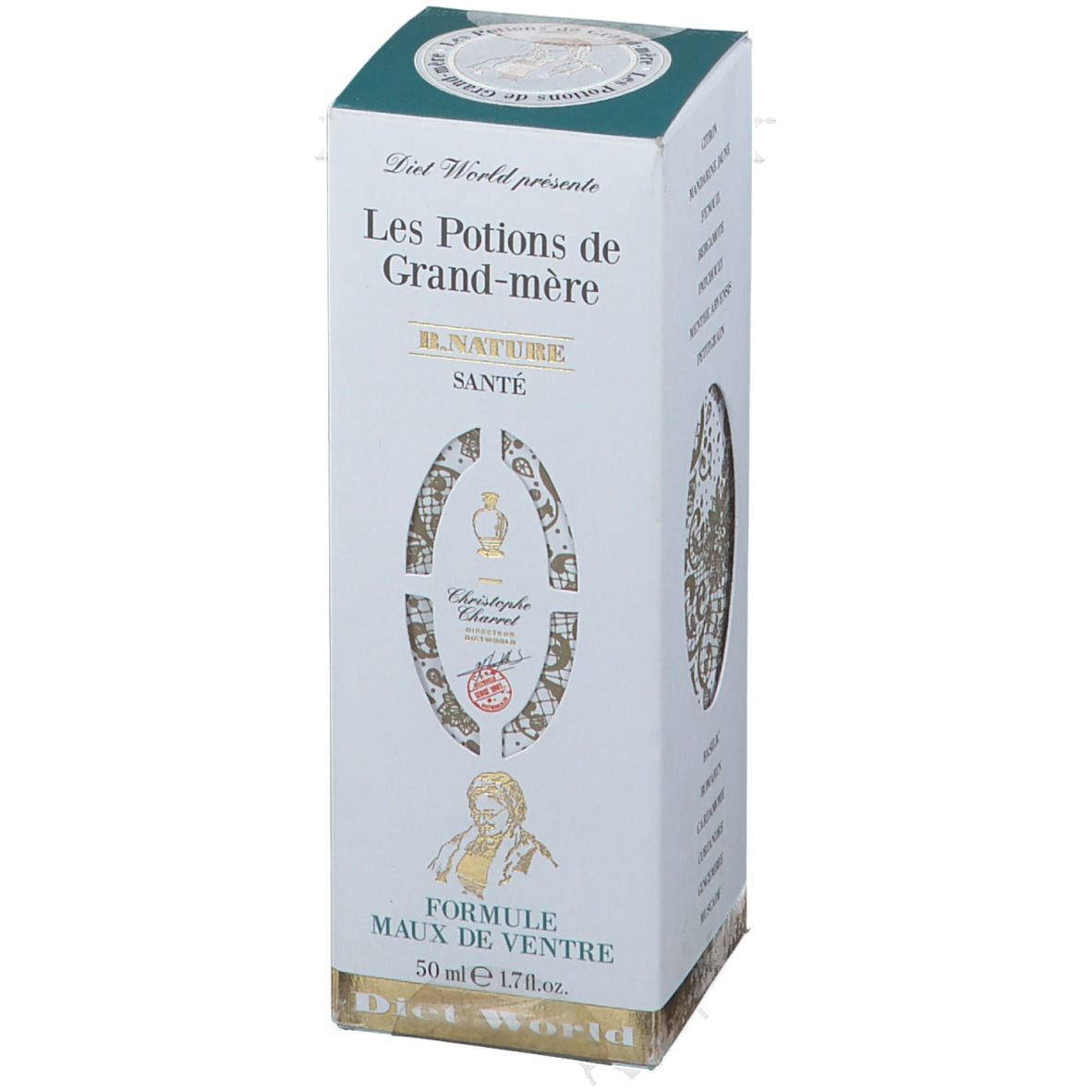 Produktverpackung. Text: Les Potions de Grand-mère, B. NATURE SANTÉ, Formule Maux de Ventre, 50 ml.