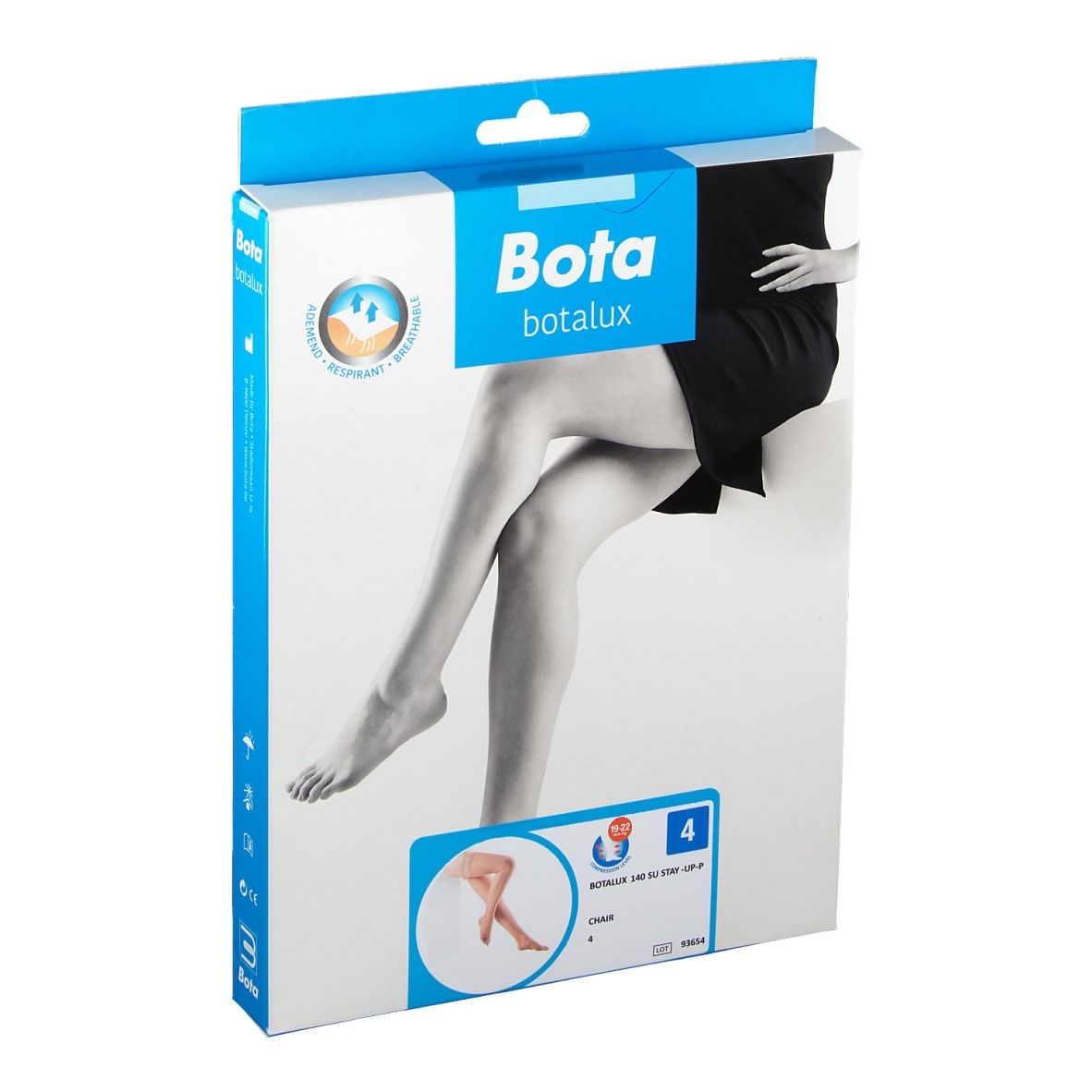 Bota botlux 140 SU Stay-Up Größe 4. Verpackung mit Abbildung von Beinen. Blaue und weiße Verpackung mit Logo.