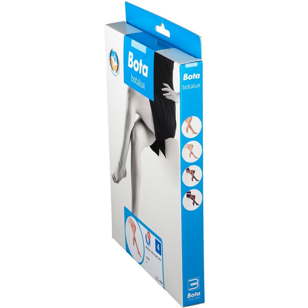 Bota botlux 140 SU Stay-Up Größe 4. Verpackung, Seitenansicht. Blaue und weiße Verpackung mit Logo und Produktabbildungen.