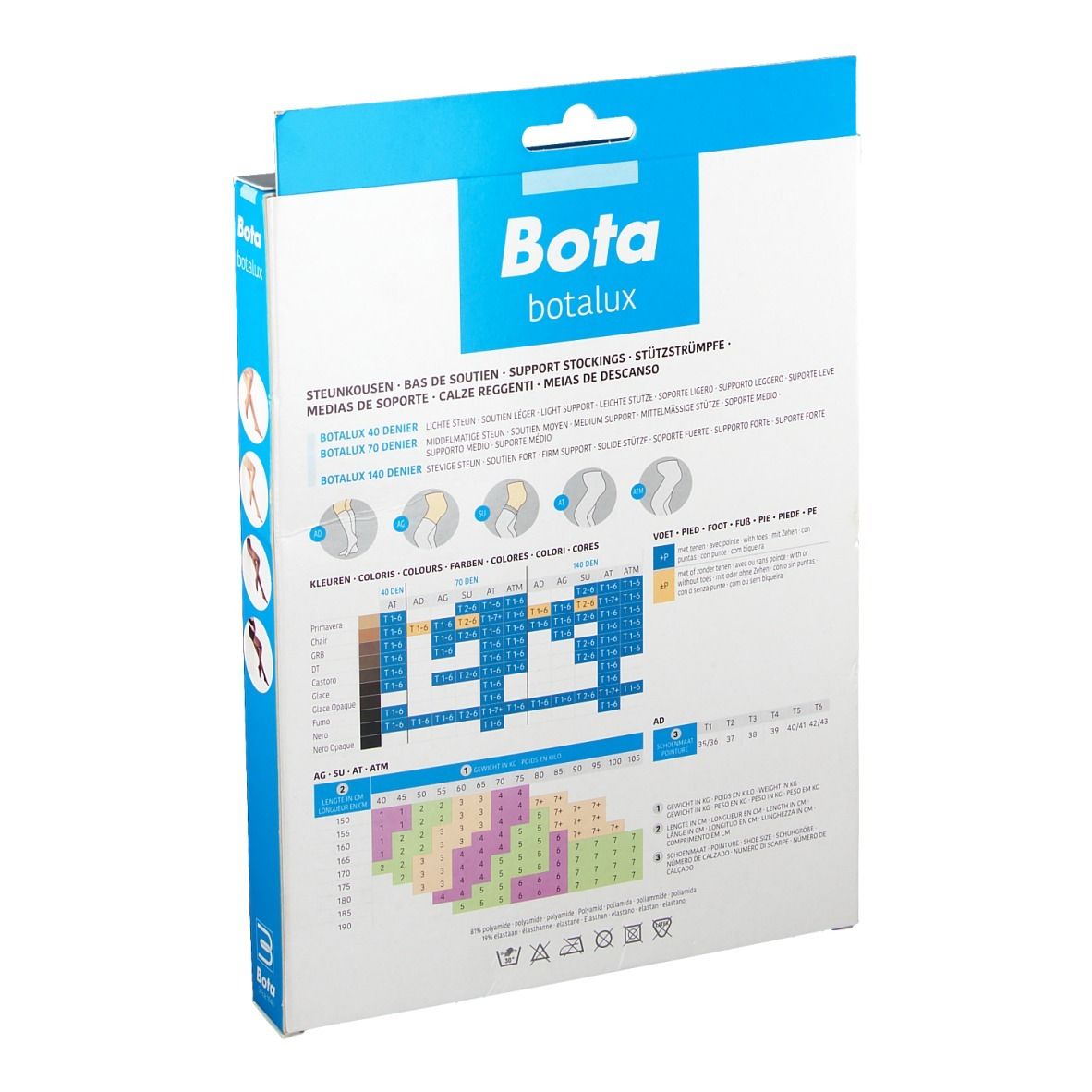 Bota botlux 140 SU Stay-Up Größe 4. Verpackung, Rückseite. Informationen und Größentabelle. Blaue und weiße Verpackung.