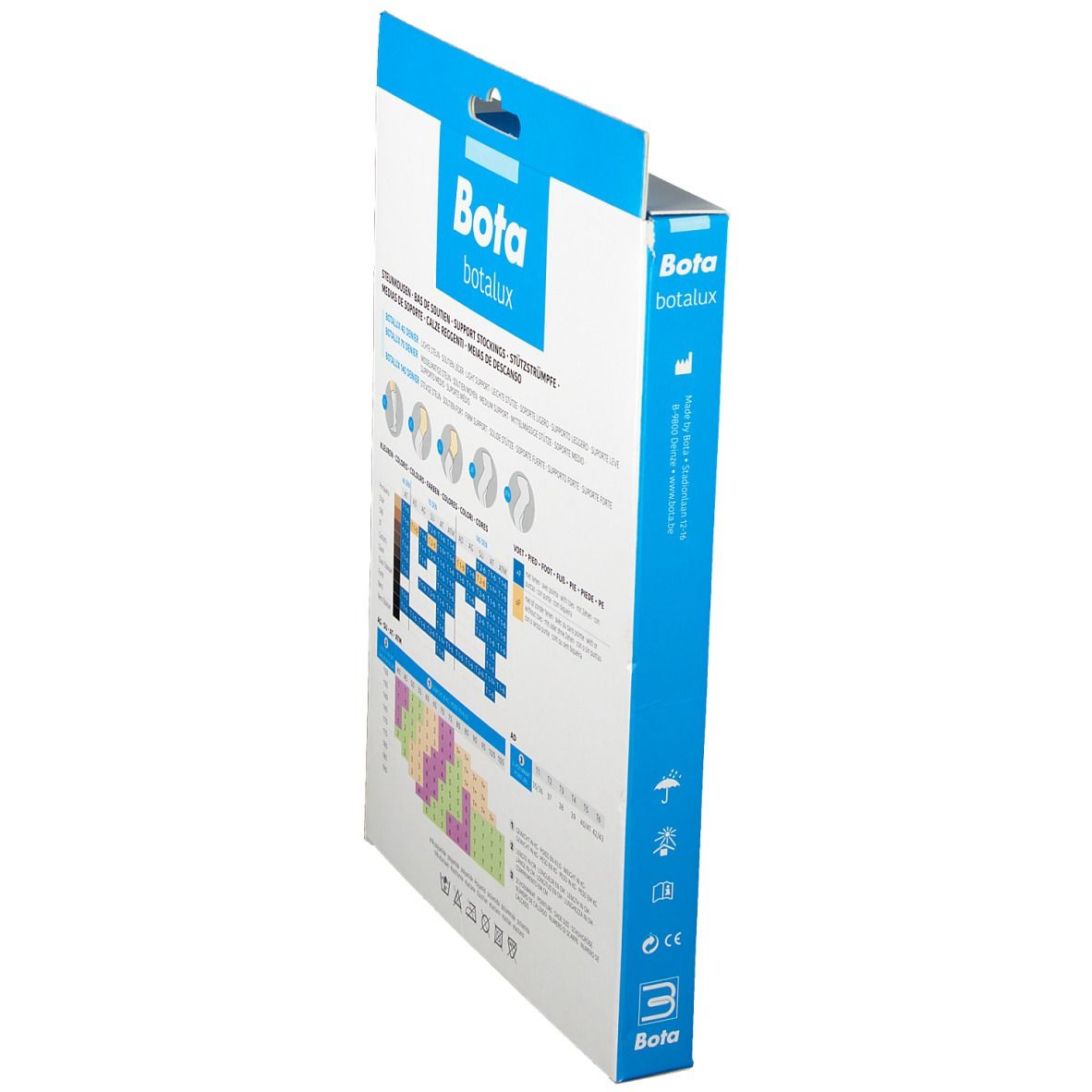 Zijaanzicht van de Bota BOTALUX 140 SU Stay-Up verpakking. Productinformatie, maattabel en logo's.