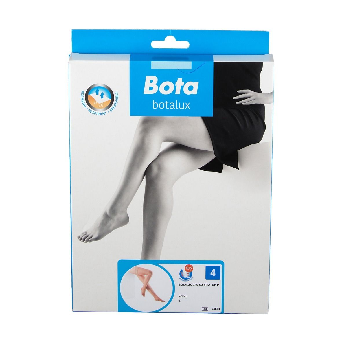 Bota botlux 140 SU Stay-Up Größe 4. Verpackung mit Abbildung von Beinen. Blaue und weiße Verpackung mit Logo.