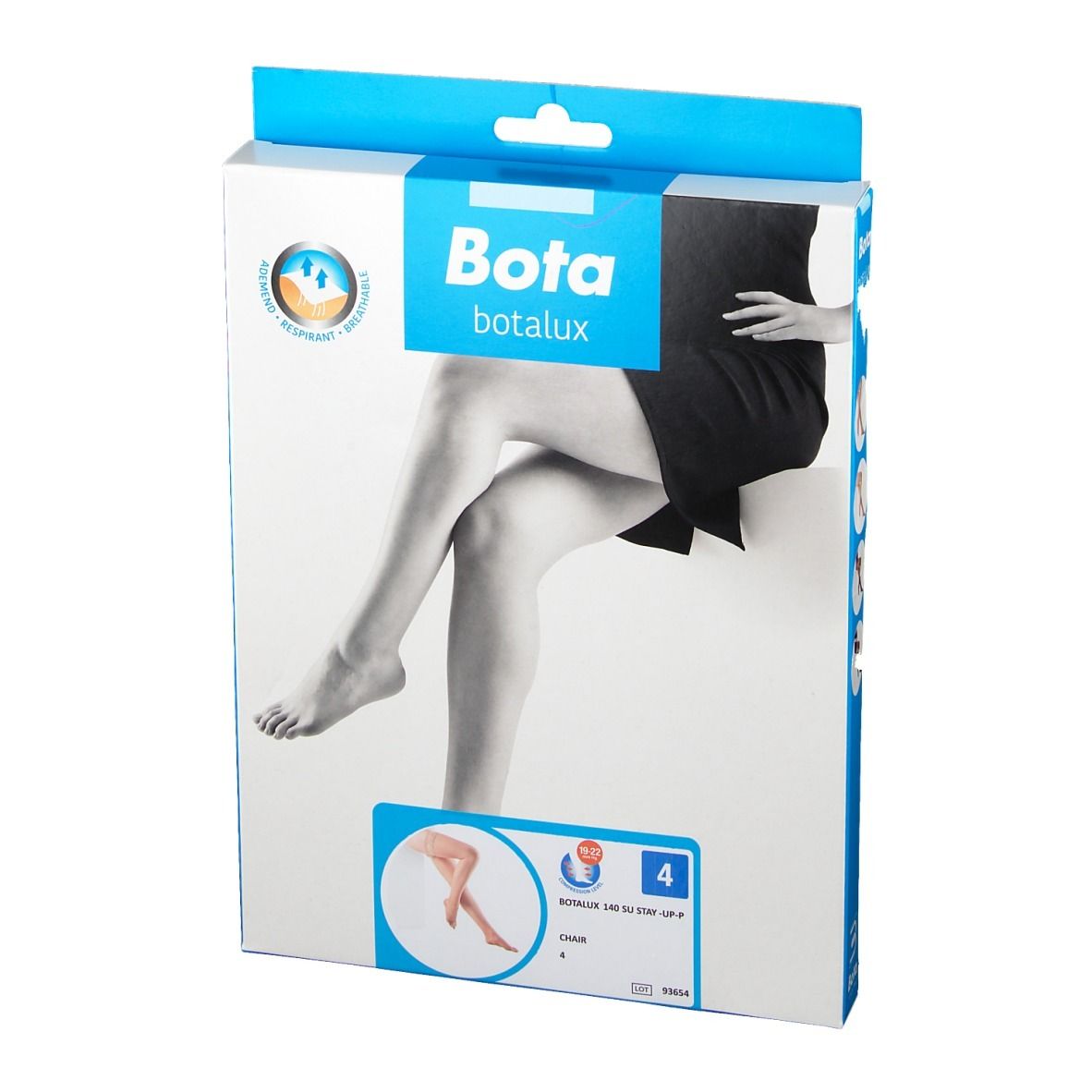 Bota botlux 140 SU Stay-Up Größe 4. Verpackung mit Abbildung von Beinen. Blaue und weiße Verpackung mit Logo.