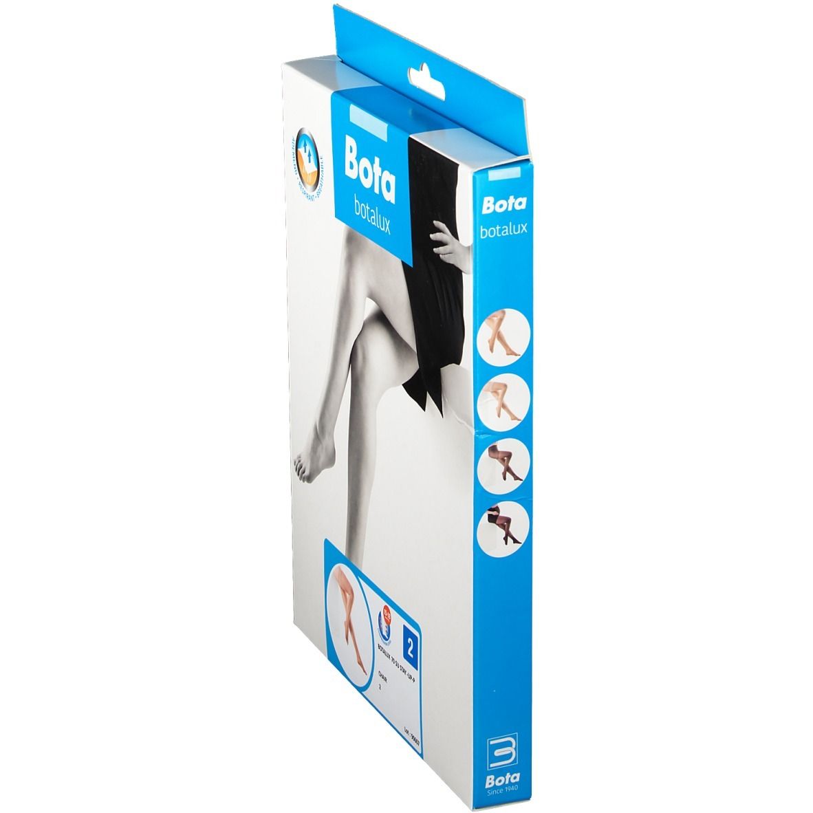 Seitenansicht der Verpackung Botalux 70 Stay-Up SU-P Strumpfhose mit Farbmuster.