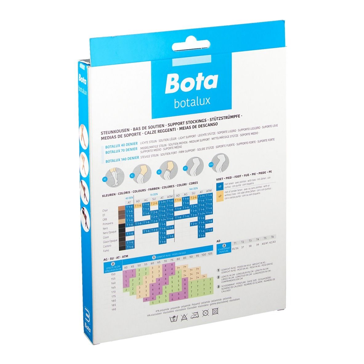Rückseite der Verpackung Botalux 70 Stay-Up SU-P mit Größentabelle und Pflegehinweisen.