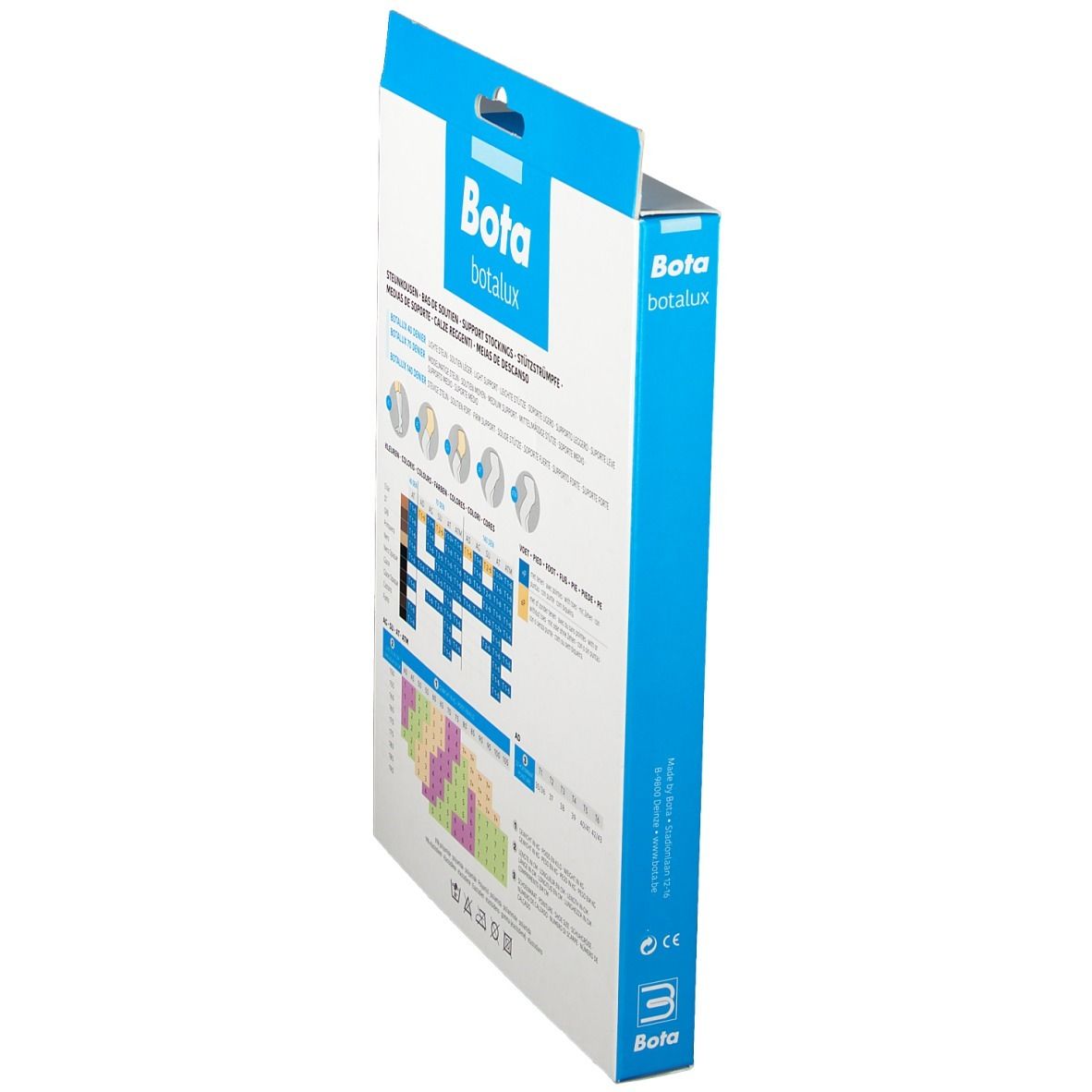 Seitenansicht der Verpackung Botalux 70 Stay-Up SU-P mit Größentabelle und Anwendungshinweisen.