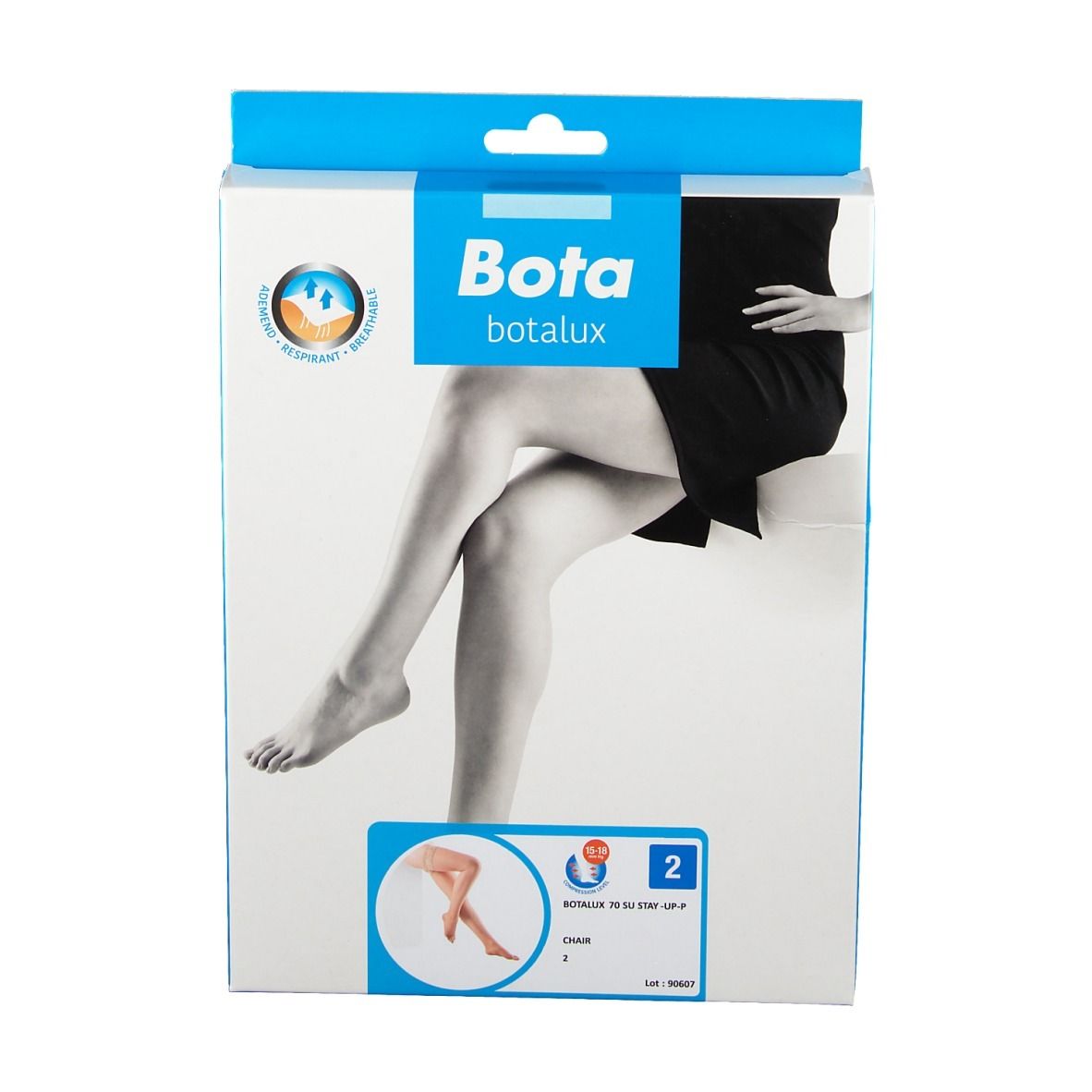 Verpackung Botalux 70 Stay-Up SU-P Strumpfhose, Größe 2, mit Abbildung der Beine.