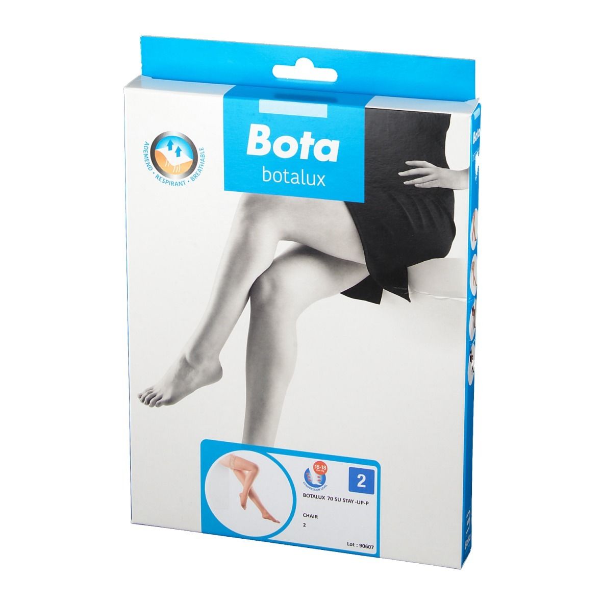 Verpackung Botalux 70 Stay-Up SU-P Strumpfhose, Größe 2, mit Detailabbildung.