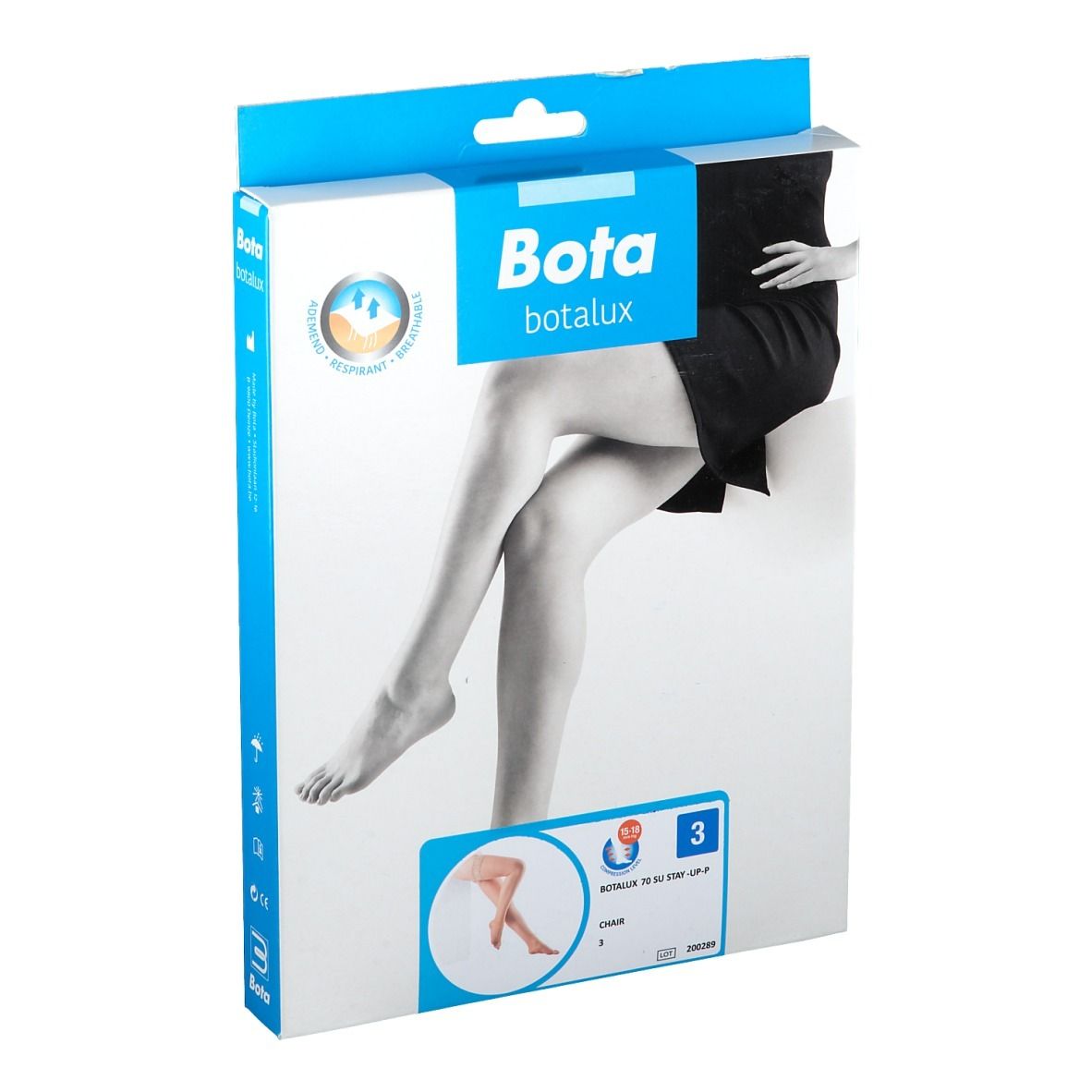 Verpackung von Botalux 70 Stay-Up Strümpfen. Größe 3. Beinabbildung auf der Vorderseite. Marke Bota.