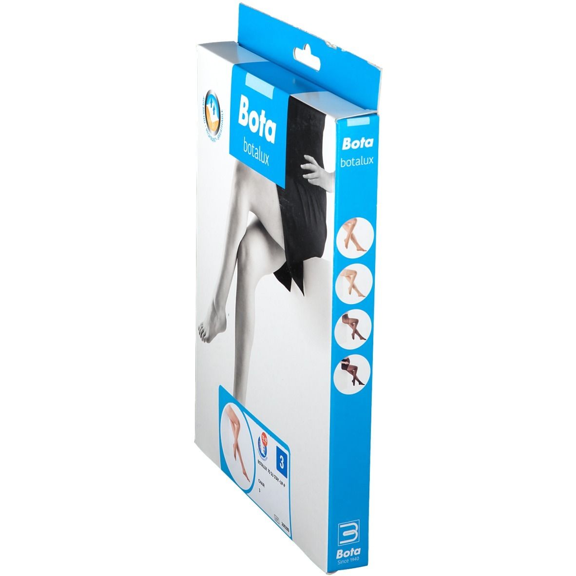 Verpackung von Botalux 70 Stay-Up Strümpfen. Größe 3. Seitenansicht. Marke Bota.