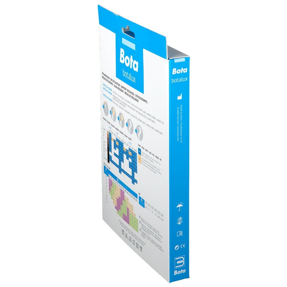 Seitenansicht der Botalux 70 Stay-Up Strumpfverpackung. Produktinformationen und Zertifizierungen.