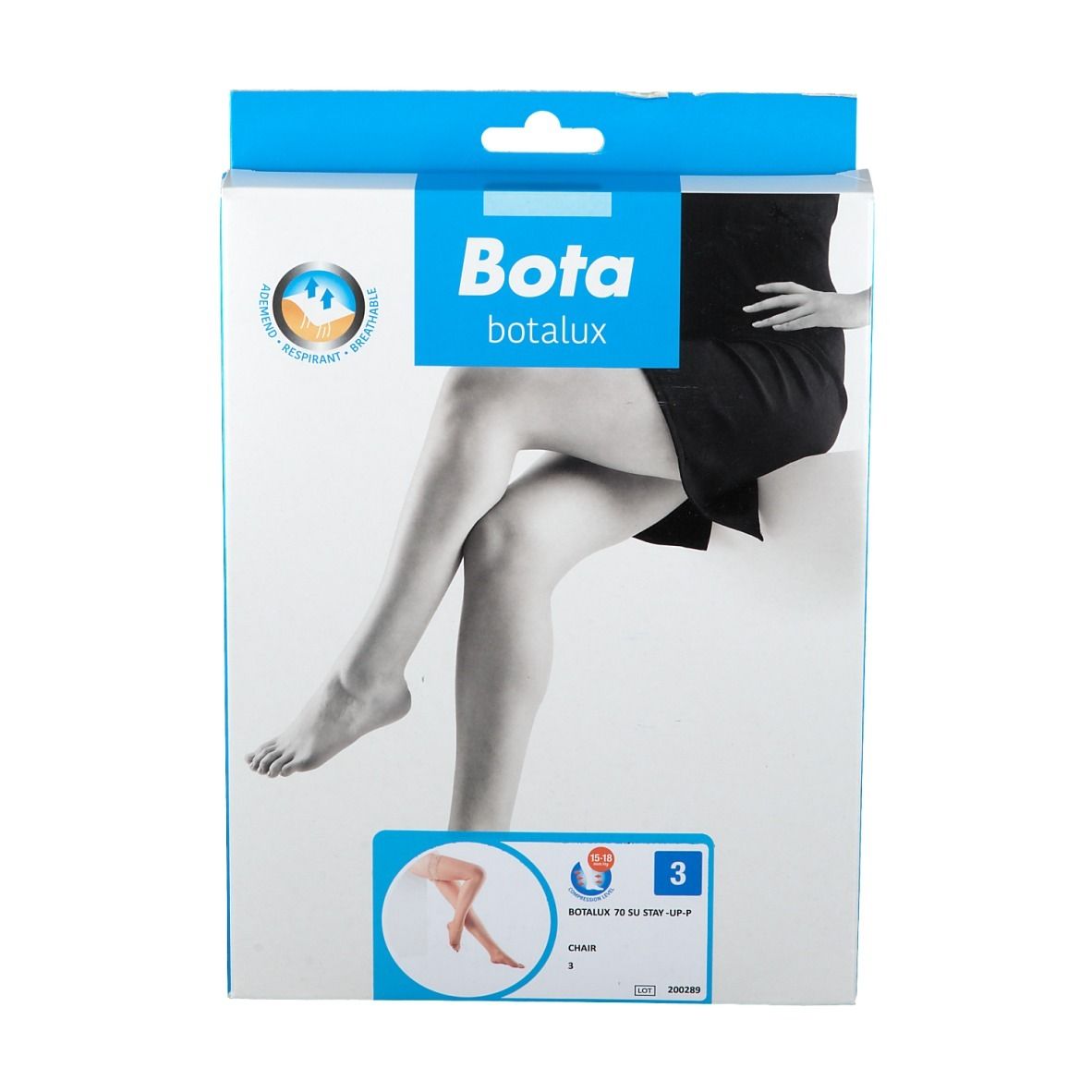 Verpackung von Botalux 70 Stay-Up Strümpfen. Größe 3. Beinabbildung auf der Vorderseite. Marke Bota.