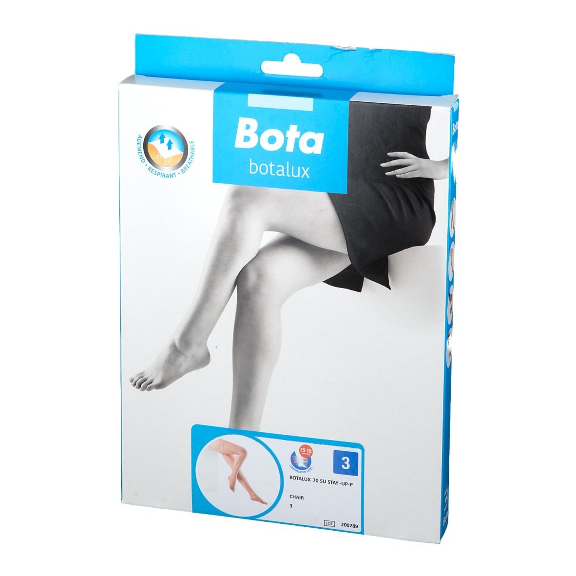 Verpackung von Botalux 70 Stay-Up Strümpfen. Größe 3. Beinabbildung auf der Vorderseite. Marke Bota.