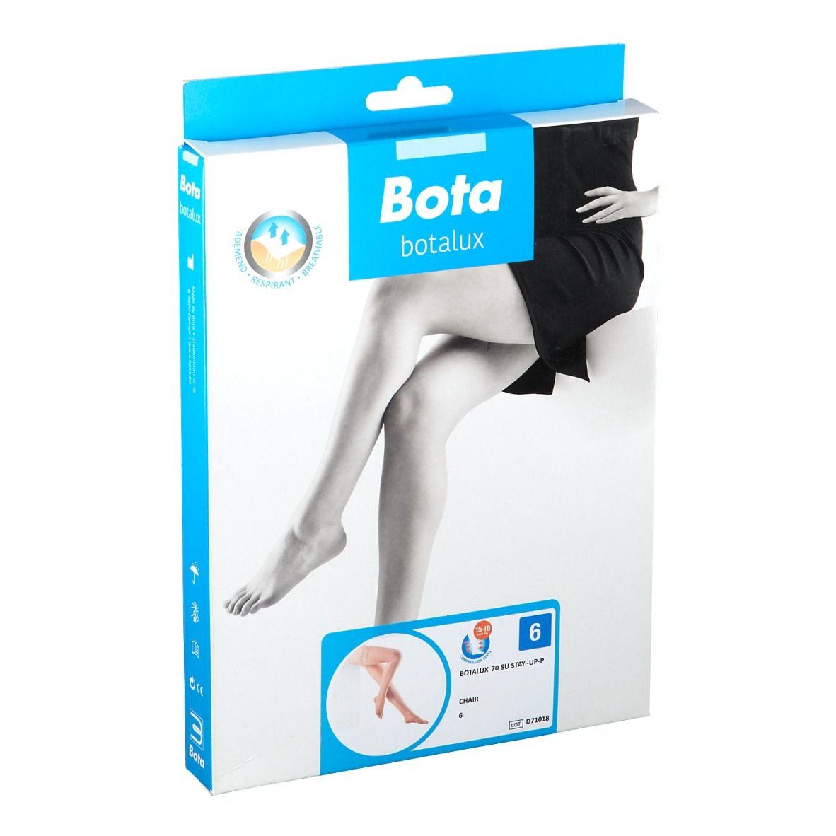 Verpakking Bota Botalux panty's, maat 6. Afbeelding van een vrouw met panty's. Blauwe en witte doos.