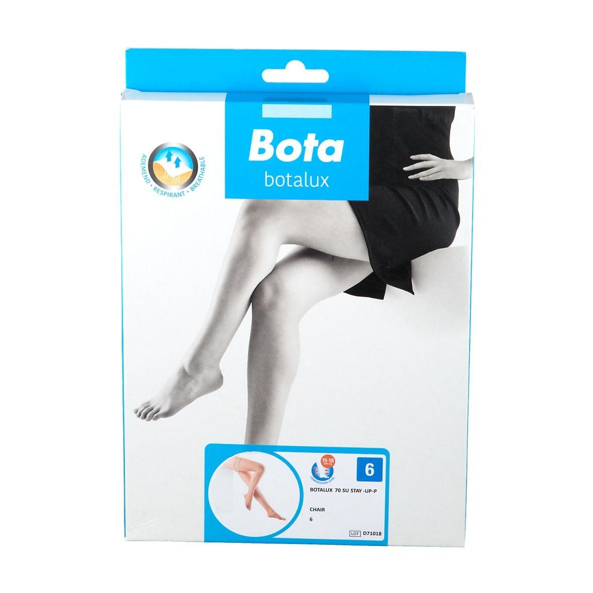 Verpakking Bota Botalux panty's, maat 6. Afbeelding van een vrouw met panty's. Blauwe en witte doos.