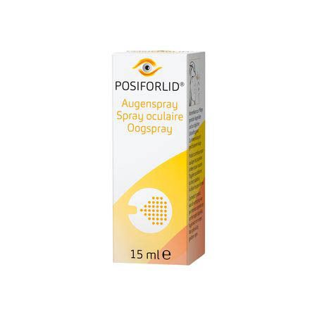 Productverpakking. Opschrift: Posiforlid Oogspray, Spray oculaire, Augenspray. 15 ml. Verpakking met logo en tekst.