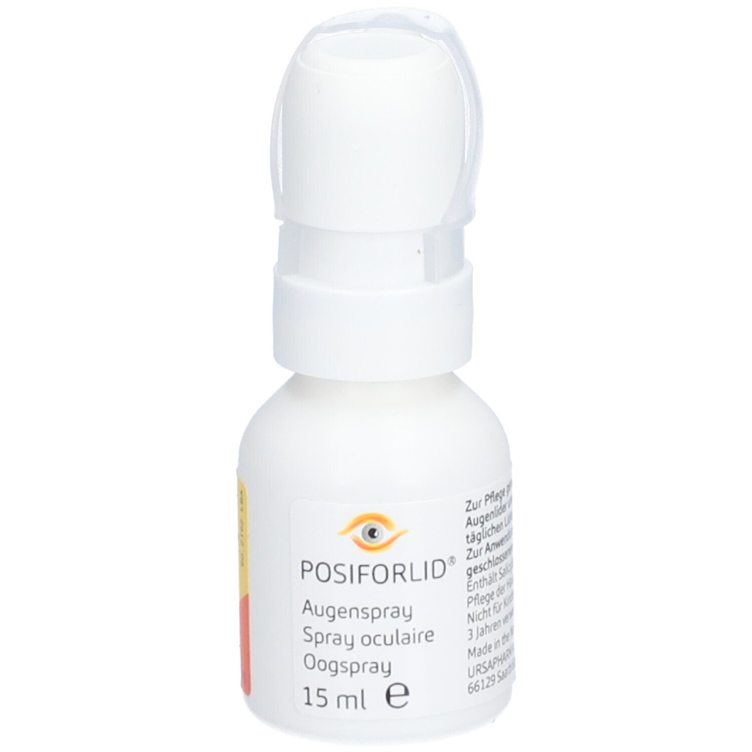 Witte sprayfles met klapdeksel. Opschrift: Posiforlid Oogspray, Spray oculaire, Augenspray. 15 ml.
