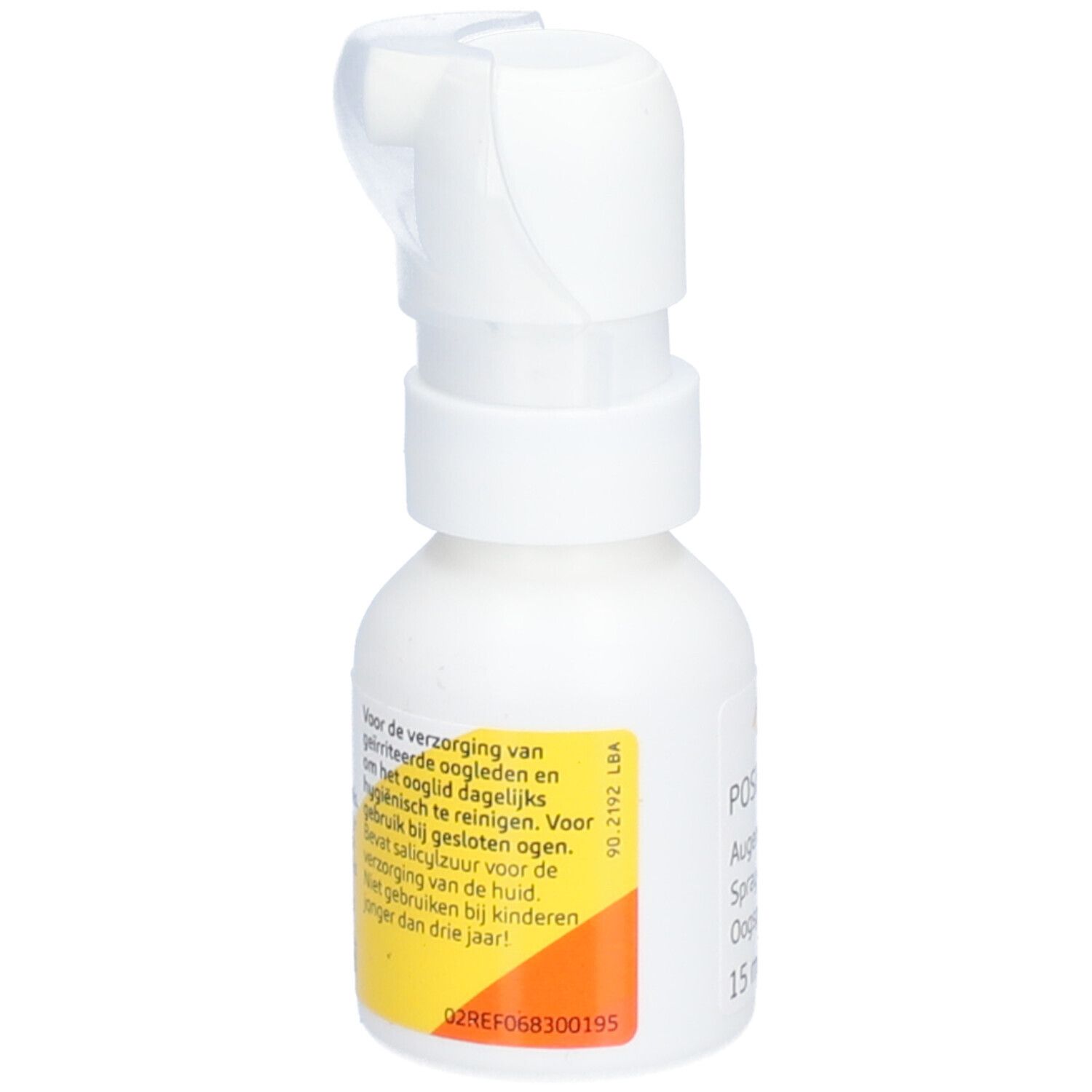 Witte sprayfles met klapdeksel. Sticker met tekst. Opschrift: Posiforlid Oogspray, Spray oculaire, Augenspray. 15 ml.