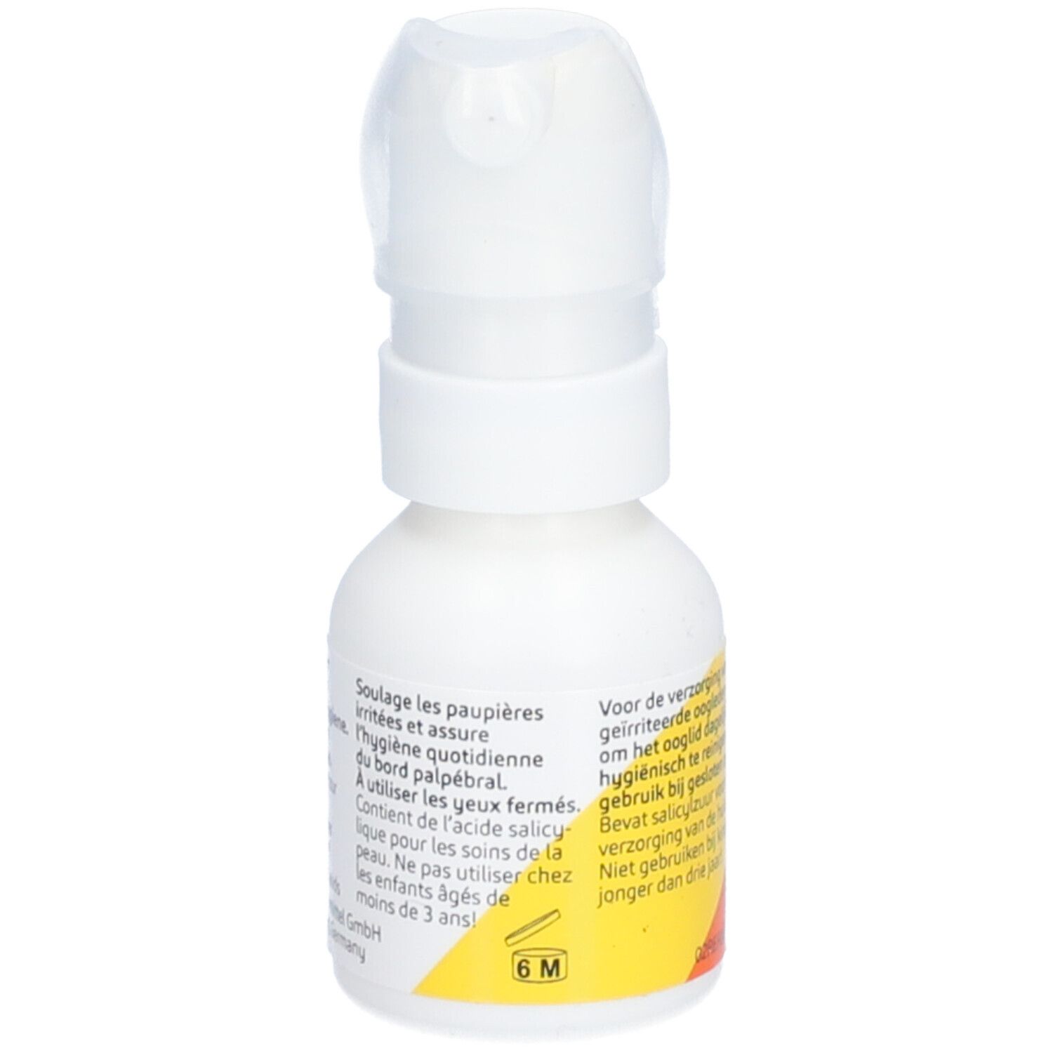 Witte sprayfles met klapdeksel. Sticker met tekst. Opschrift: Posiforlid Oogspray, Spray oculaire, Augenspray. 15 ml.