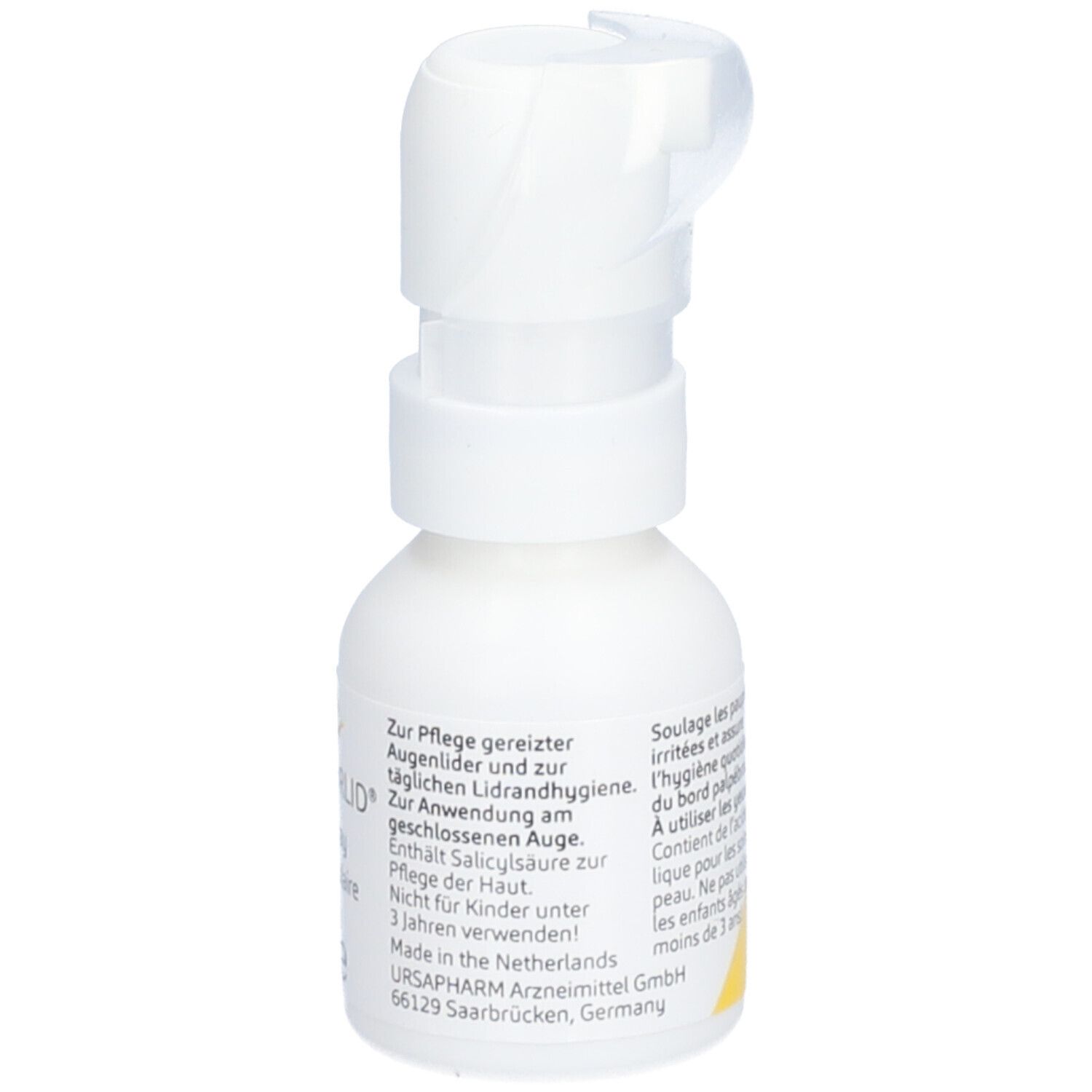 Witte sprayfles met klapdeksel. Sticker met tekst. Opschrift: Posiforlid Oogspray, Spray oculaire, Augenspray. 15 ml.