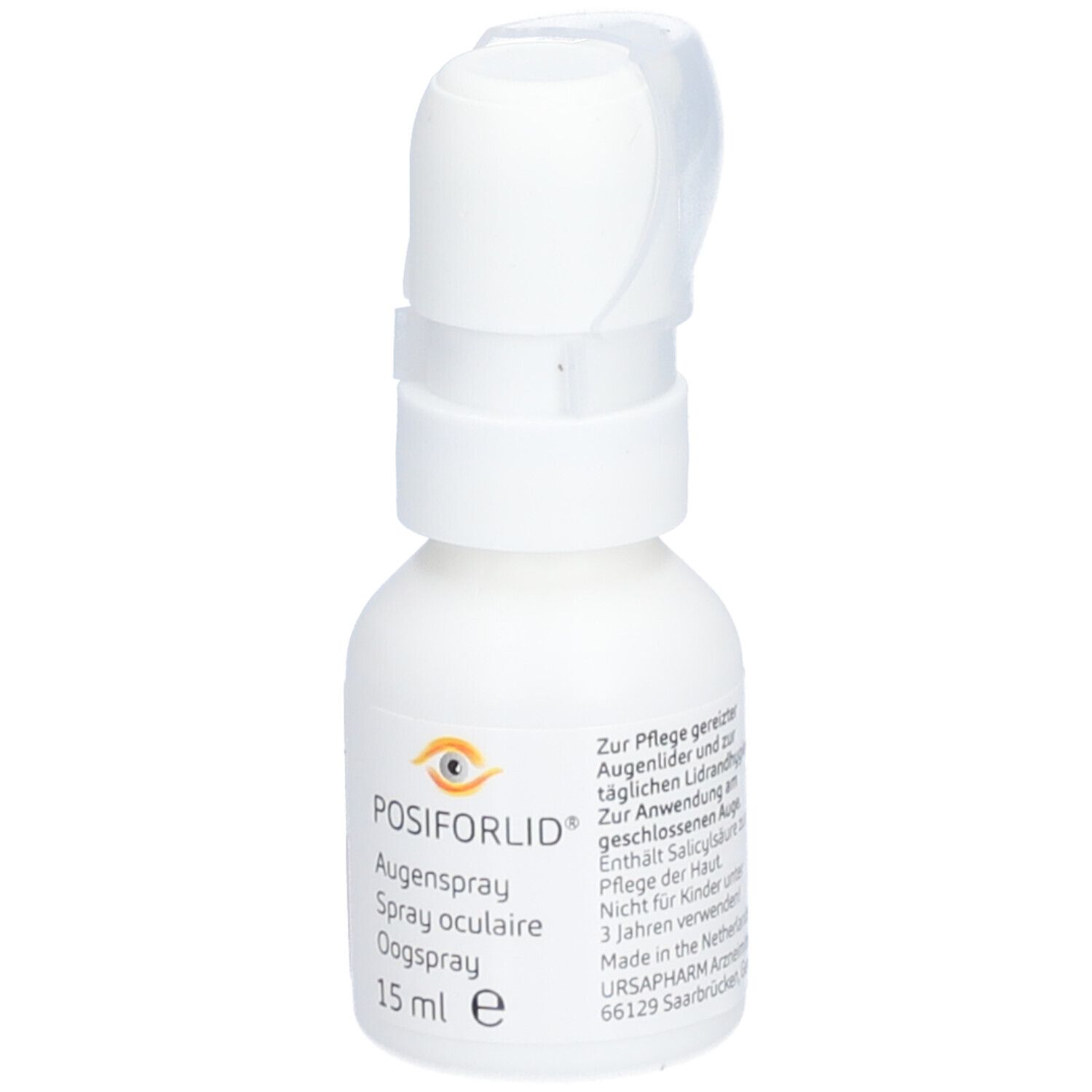 Witte sprayfles met klapdeksel. Opschrift: Posiforlid Oogspray, Spray oculaire, Augenspray. 15 ml. Productverpakking.