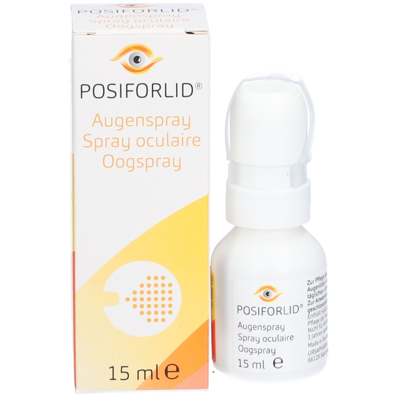Productverpakking en sprayfles. Opschrift: Posiforlid Oogspray, Spray oculaire, Augenspray. 15 ml. Verpakking met logo.