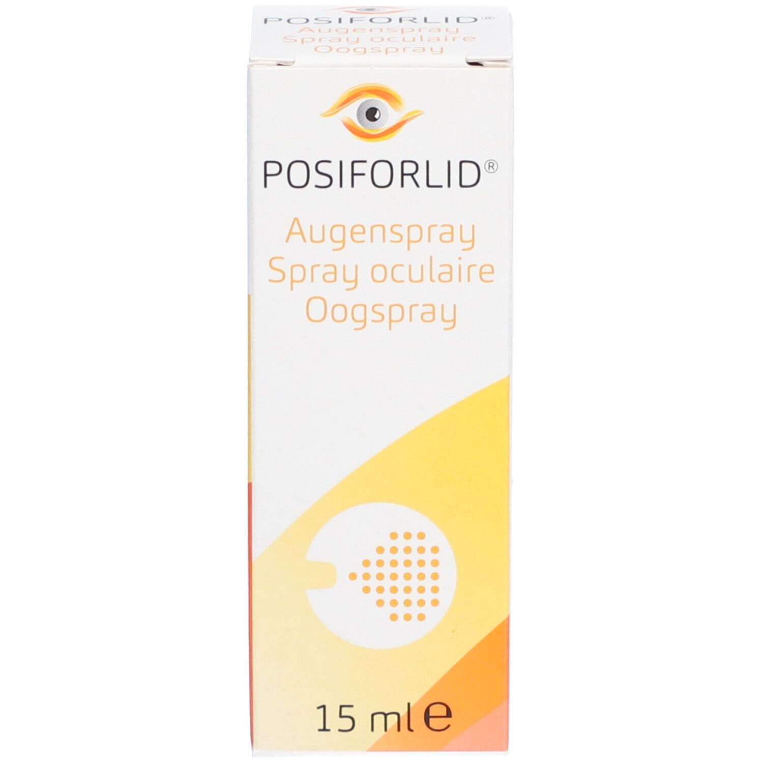 Productverpakking. Opschrift: Posiforlid Oogspray, Spray oculaire, Augenspray. 15 ml. Verpakking met logo en tekst.