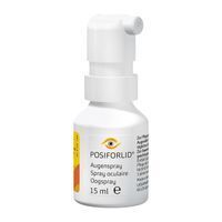 Productverpakking. Opschrift: Posiforlid Oogspray, Spray oculaire, Augenspray. 15 ml. Verpakking met logo en tekst.