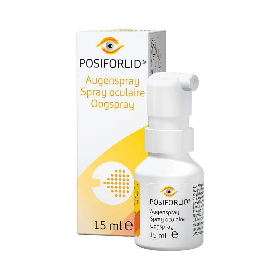 Productverpakking. Opschrift: Posiforlid Oogspray, Spray oculaire, Augenspray. 15 ml. Verpakking met logo en tekst.