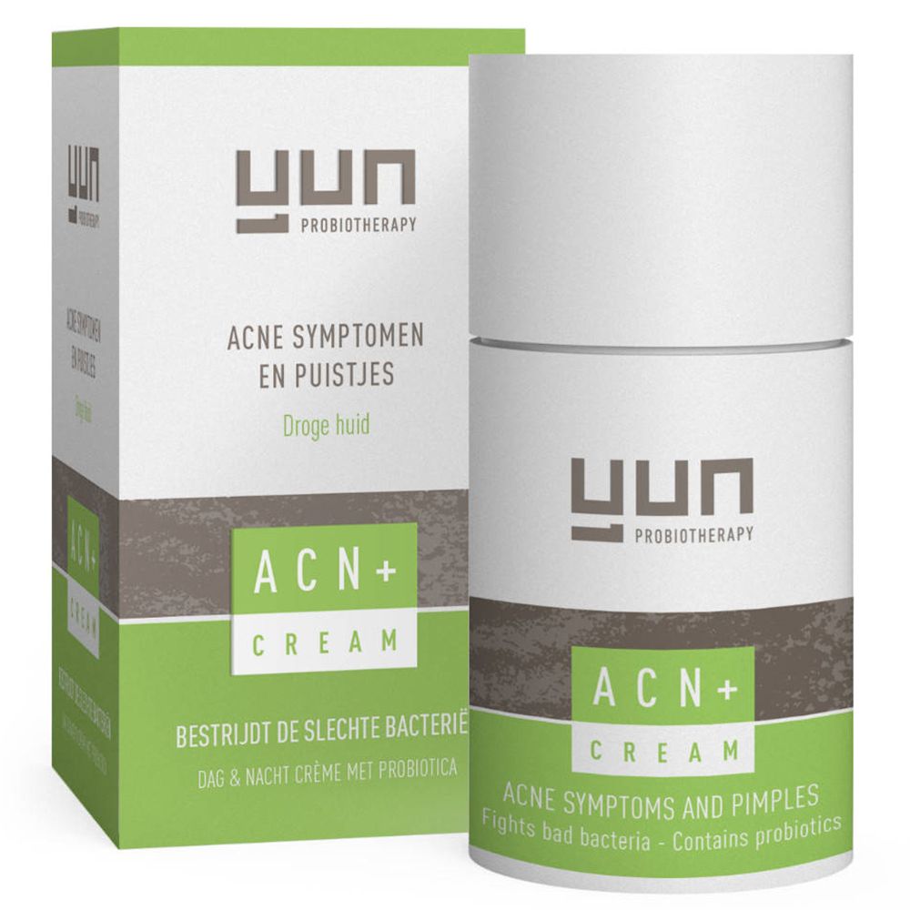 Creme-Verpackung und -Tube. Aufschrift: YUN, ACN+ Cream. Text: Akne-Symptome und Pickel. Enthält Probiotika.